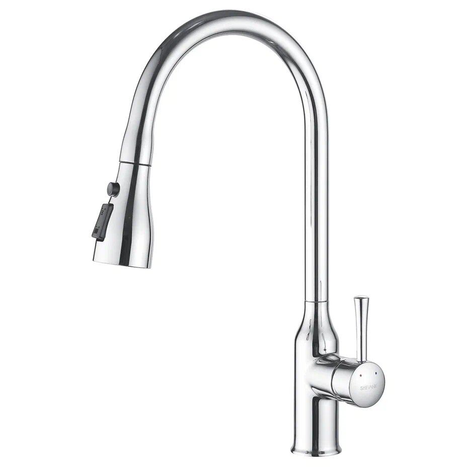 Смеситель для кухни однорычажный с гайкой, с выдвижным изливом Shevanik S163, Хром
