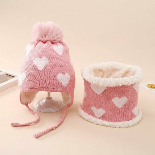 фото Шапка ушанка комплект с сердечками, размер 2-3 года, розовый yiwu mofei