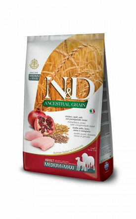 N&D ancestral grain dog курица, спельта, овес и гранат для взрослых собак medium и maxi 2,5 кг