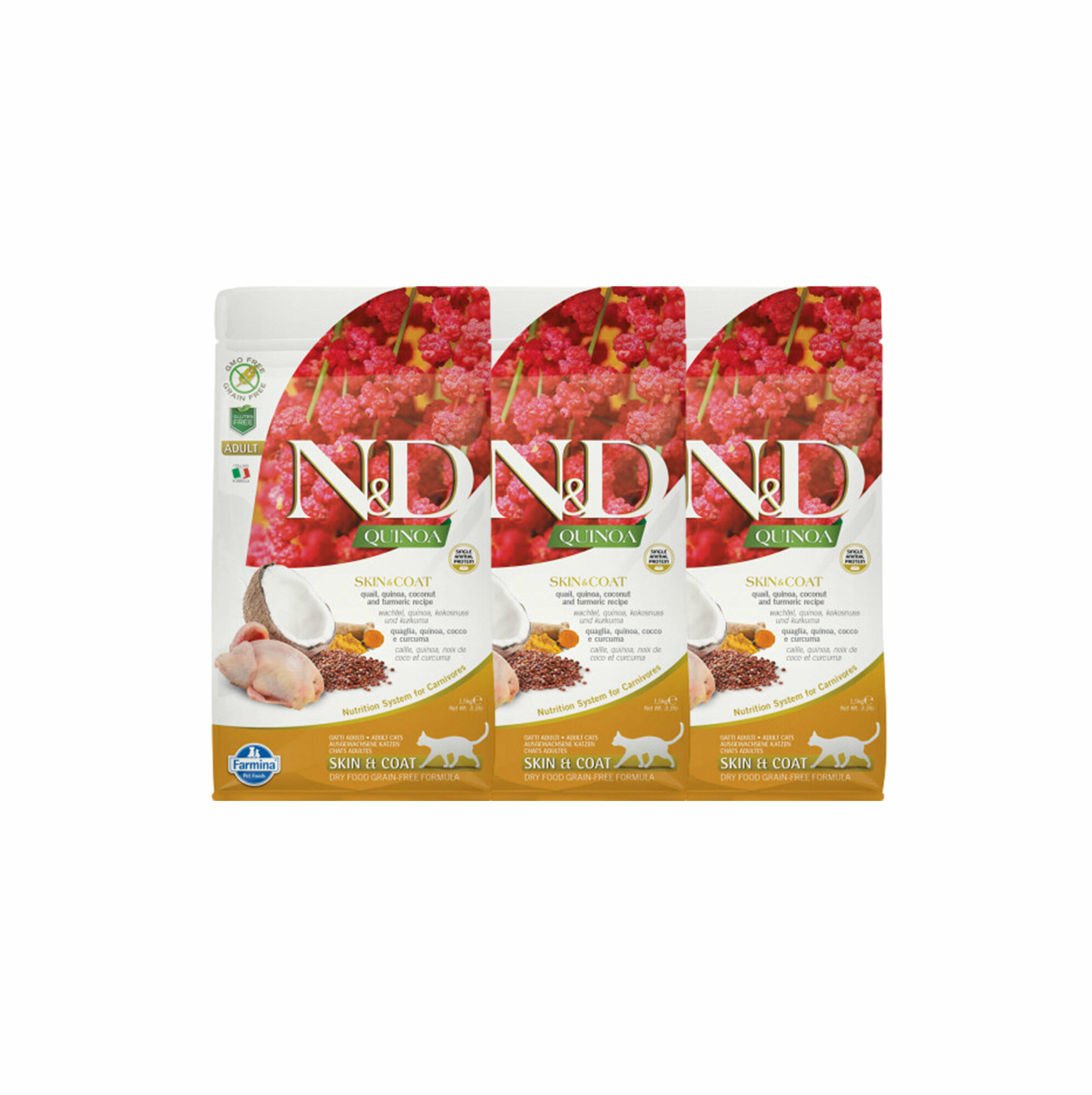 фото Сухой корм для взрослых кошек Farmina N&D Quinoa, беззерновой, для здоровья кожи и блеска шерсти, с перепелом, с киноа, с кокосом, с куркумой