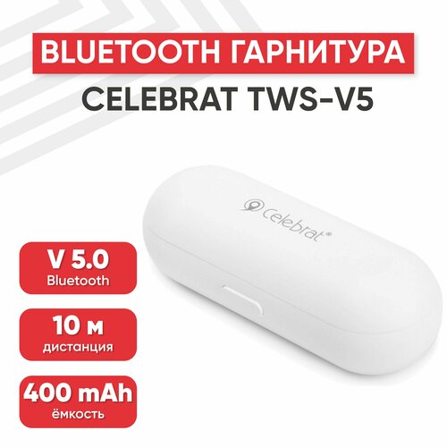 наушники celebrat g10 белые Беспроводные TWS наушники Celebrat V5, Bluetooth 5.0, внутриканальные, белые