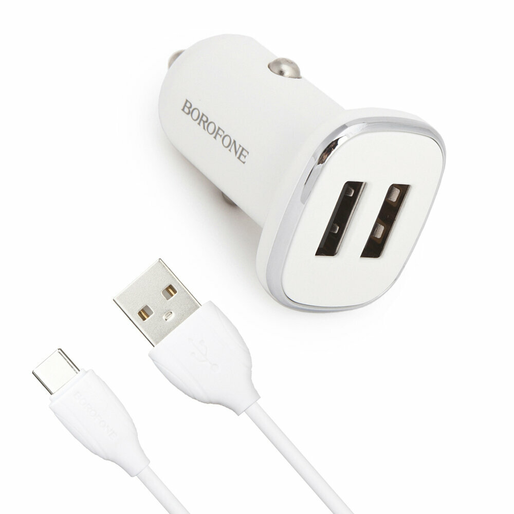 Автомобильное зарядное устройство Borofone BZ12 Lasting Power, 2 разъема USB, с кабелем Type-C, 2.4А, 12Вт, белый
