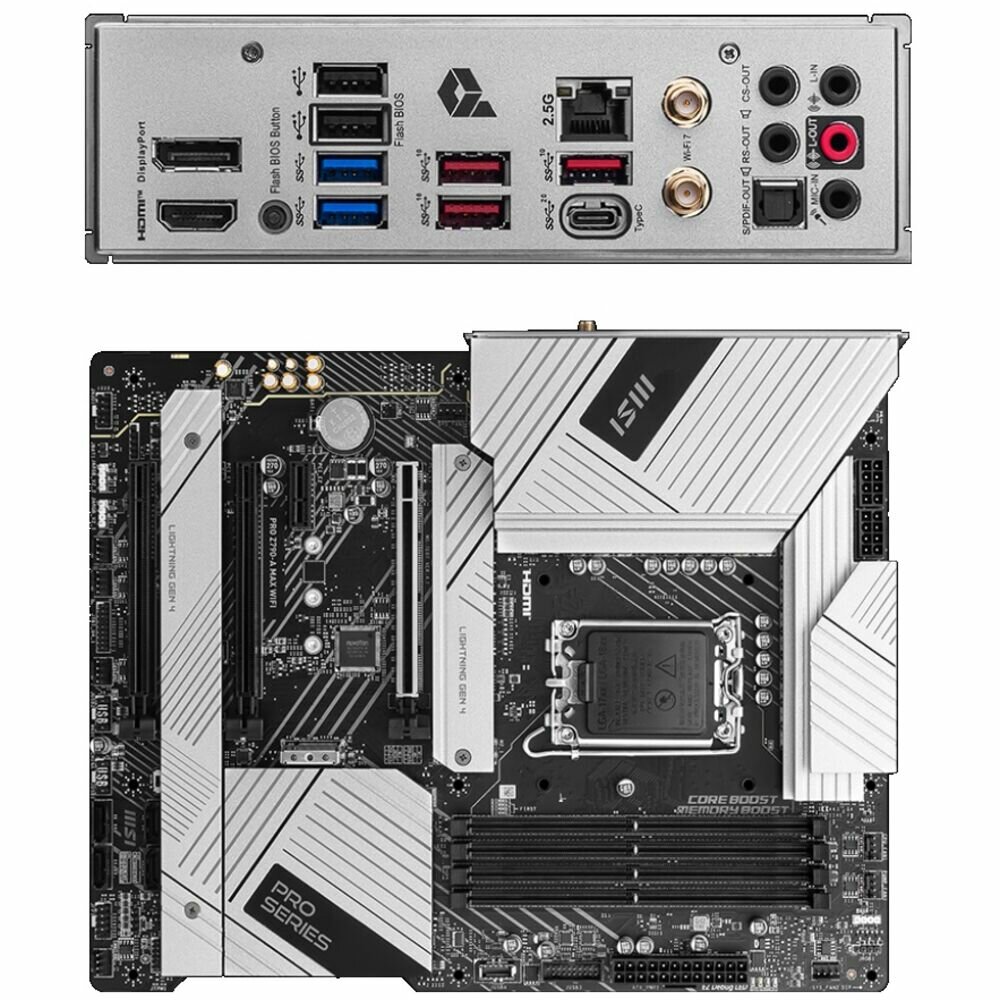 Материнская плата MSI Pro Z790-A Max WiFi Z790 Socket-1700 4xDDR5, 6xSATA3, RAID, 4хM.2, 3xPCI-E16x, 5xUSB3.2, 1xUSB3.2 Type C, DP, HDMI, WiFi, 2.5Glan, ATX