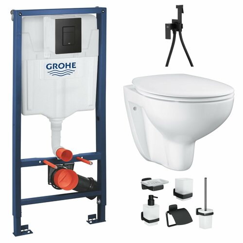 Инсталляция с унитазом Grohe Bau Rimless комплект 11 в 1: унитаз безободковый, сиденье микролифт, инсталляция Grohe, гигиенический душ, аксессуары