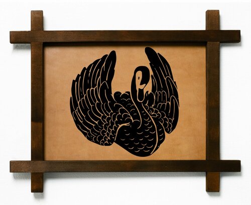 Картина Лебедь, гравировка на натуральной коже, интерьерная для украшения и декора на стену в деревянной раме, подарок, BoomGift