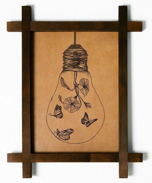 Картина Бабочки в лампочке, гравировка на натуральной коже, интерьерная для украшения и декора на стену в деревянной раме, подарок, BoomGift