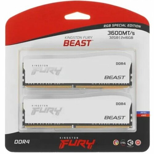 Оперативная память Kingston DDR4 32Gb 2x16Gb 3600Mhz pc-28800 FURY Beast White RGB SE CL18 KF436C18BWAK232 13200₽
