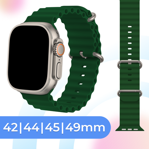 Силиконовый ремешок для смарт часов Apple Watch SE Ultra 42-44-45-49 mm / Cпортивный браслет для умных часов Эпл Вотч 1-9, СЕ (Ocean Band), Зеленый силиконовый браслет ocean band на смарт часы apple watch 1 9 se 38 40 41 mm сменный ремешок для эпл вотч 1 9 се древесный уголь