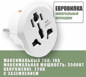 Универсальный переходник 220В на вилку для евро розетки, для подключения устройств с китайской, американской, английской вилкой и тд / Белый