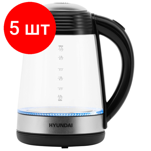 Комплект 5 штук Чайник Hyundai HYK-G3803 17л 2200Вт черныйсеребристый стекло 1665500₽
