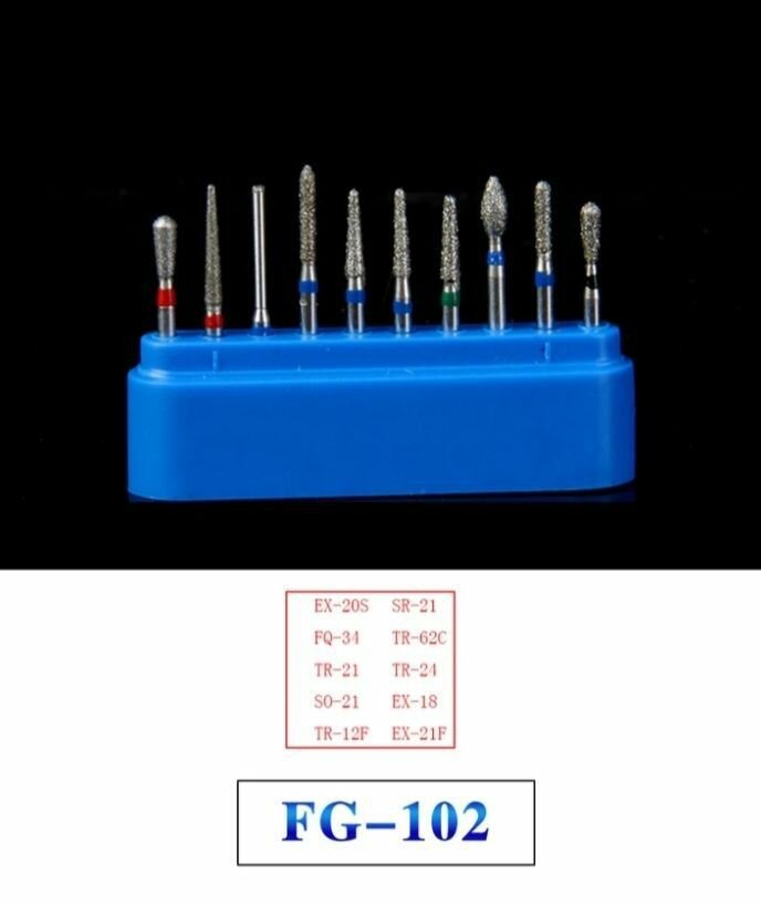 FG-102 Incidental Набор алмазных боров 10шт для подготовки зубов под коронки моляры и премоляры. Диаметр хвостовика - 1,6 мм