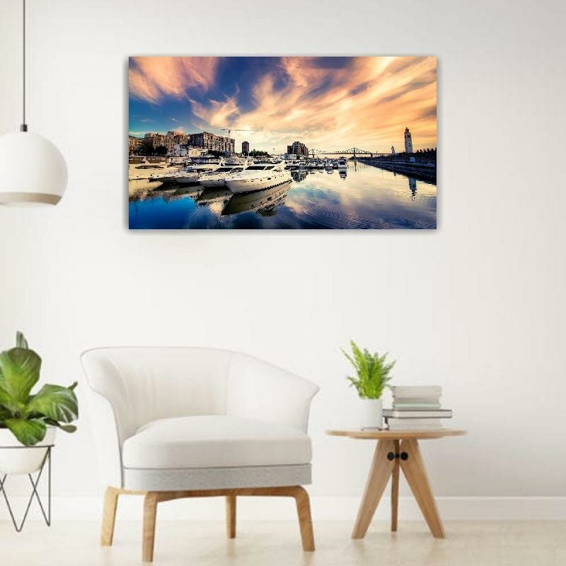 Картина на холсте 60x110 LinxOne "Яхты небо мост здания река" интерьерная для дома / на стену / на кухню / с подрамником