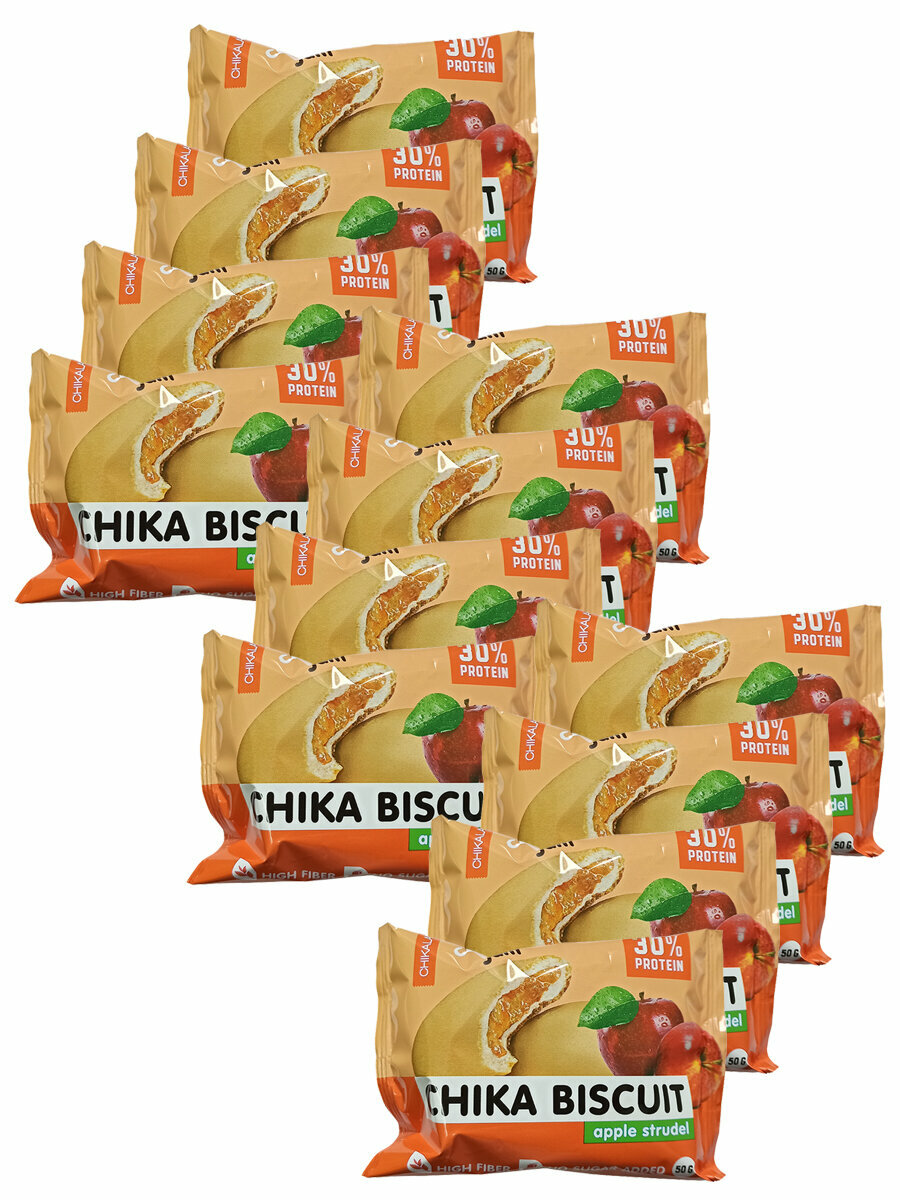 Bombbar, CHIKALAB, Chika Biscuit неглазированное протеиновое печенье с начинкой, 12шт по 50г (яблочный штрудель)