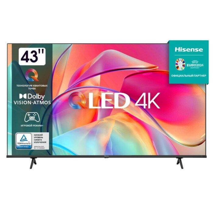 Hisense Телевизор Hisense 43E7KQ, 43", 3840x2160, DVB-T2/C/S2, HDMI 3, USB 2, Smart TV, чёрный