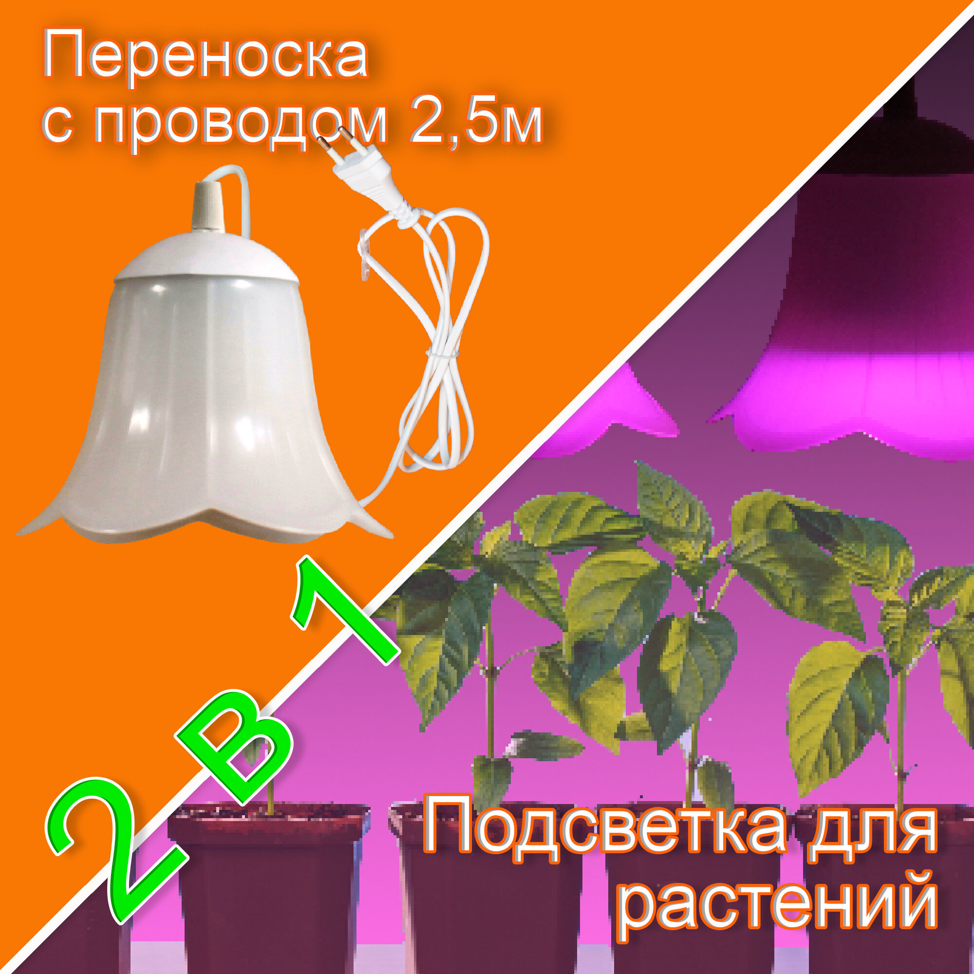 светильник для растений ЭЛЕТЕХ Фито провод 2,5м белый - фото №2
