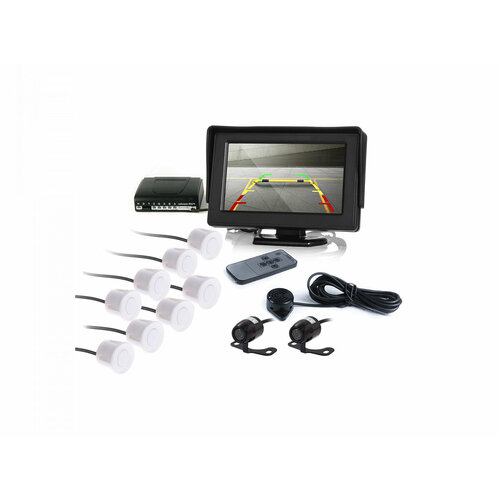 МастерПарк 041-8-P-БЕЛЫЙ F1494EU белые датчики парковки парктроник с камерой заднего вида с двумя камерами восемью датчиками и монитором 43 дюй 1981500₽