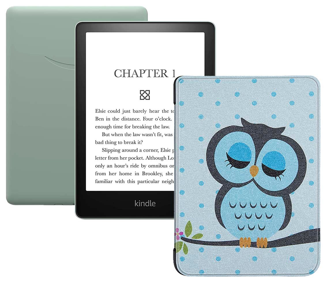 Электронная книга Amazon Kindle PaperWhite 2021 16Gb Ad-Supported Agave Green с обложкой ReaderONE PaperWhite 2021 Owl