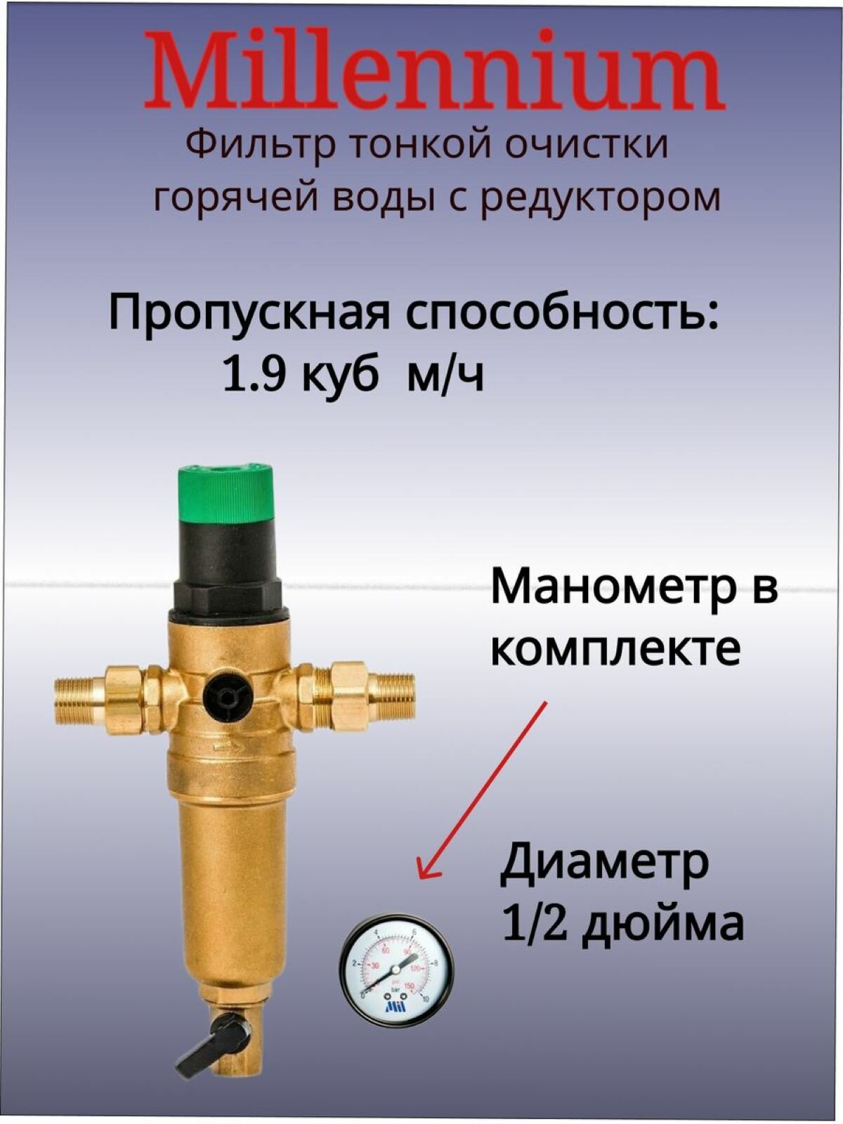 Фильтр с редуктором давления 1/2 для горячей воды Millennium