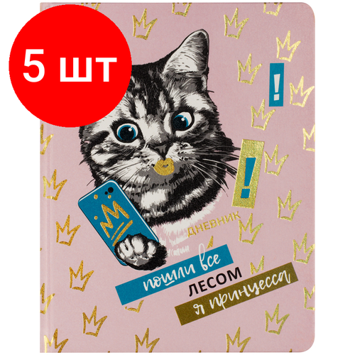 Комплект 5 шт, Дневник 1-11 кл. 48л. Лайт BG Я принцесса!, иск. кожа, печать, блестки, ляссе