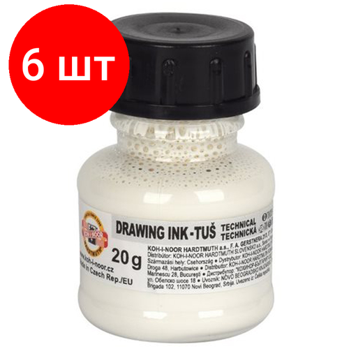 Комплект 6 шт, Тушь акриловая плакатная Koh-I-Noor, 20гр, белая, флакон белая тушь
