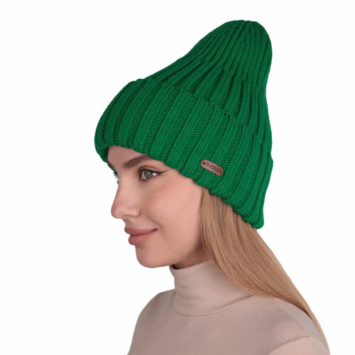 шапка женская flioraj бежевая с отворотом 3950fj тёмная Шапка бини FLIORAJ, размер 56-58, зеленый
