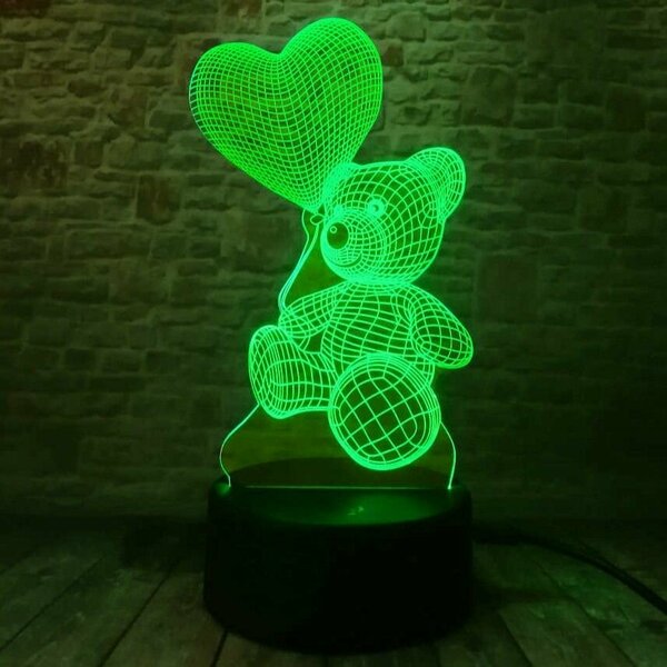 "Мишка с сердцем и шаром" - 3D светильник-ночник для ребенка и девушки