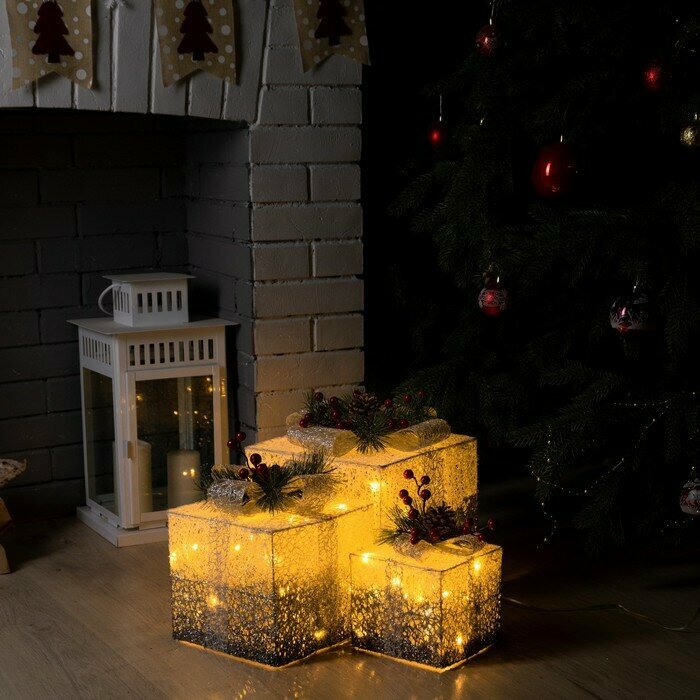 Светодиодные фигуры Luazon Lighting "Серебристые подарки", 15, 20, 25 см, текстиль, металл, 220 В, свечение теплое белое