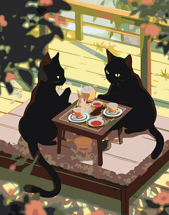 Картина по номерам Аниме черные коты пьют чай