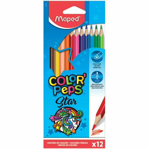 Карандаши цветные MAPED (Франция) Color'Peps Star, 12 цветов, трехгранные, заточенные, европодвес, 183212, 180880