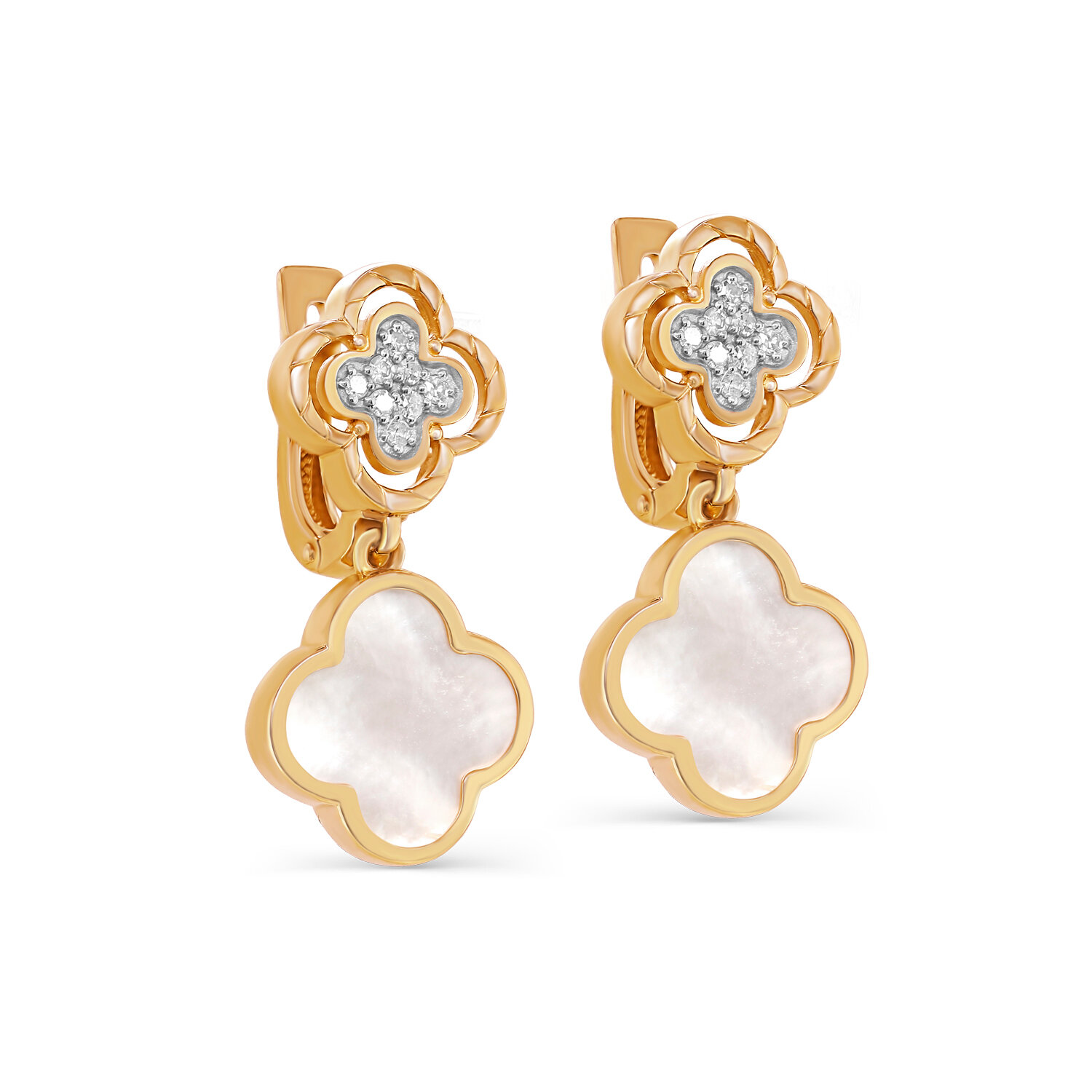 Серьги JEWELIN, желтое золото, 585 проба, бриллиант, перламутр