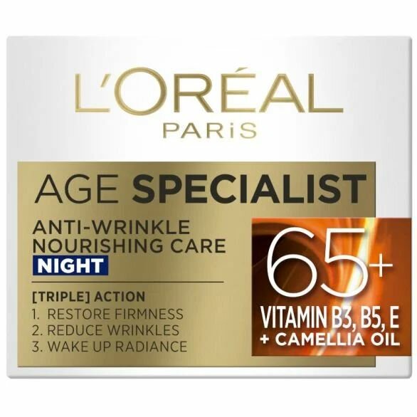 Крем ночной от морщин для лица L'Oral Paris Age Specialist 65+ с витамином B3, B5, E и малом камелии 50 мл (Из Финляндии)