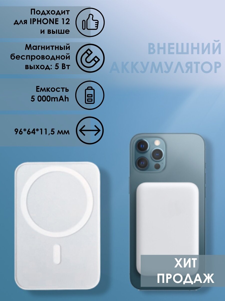 Портативный аккумулятор Power Bank MagSafe 5000 mAh для iPhone Внешний магнитный аккумулятор Магсейф 5000 мАч Беспроводная зарядка Белый