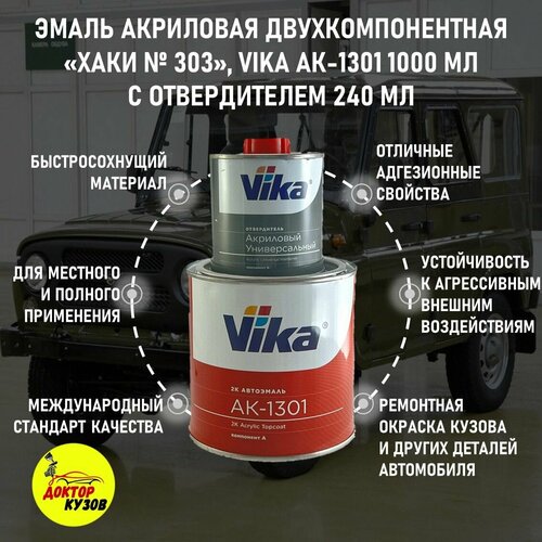 фото Эмаль акриловая vika ак-1301 2к, хаки 303, 0.85 кг, с отвердителем 1301, 0.212 кг