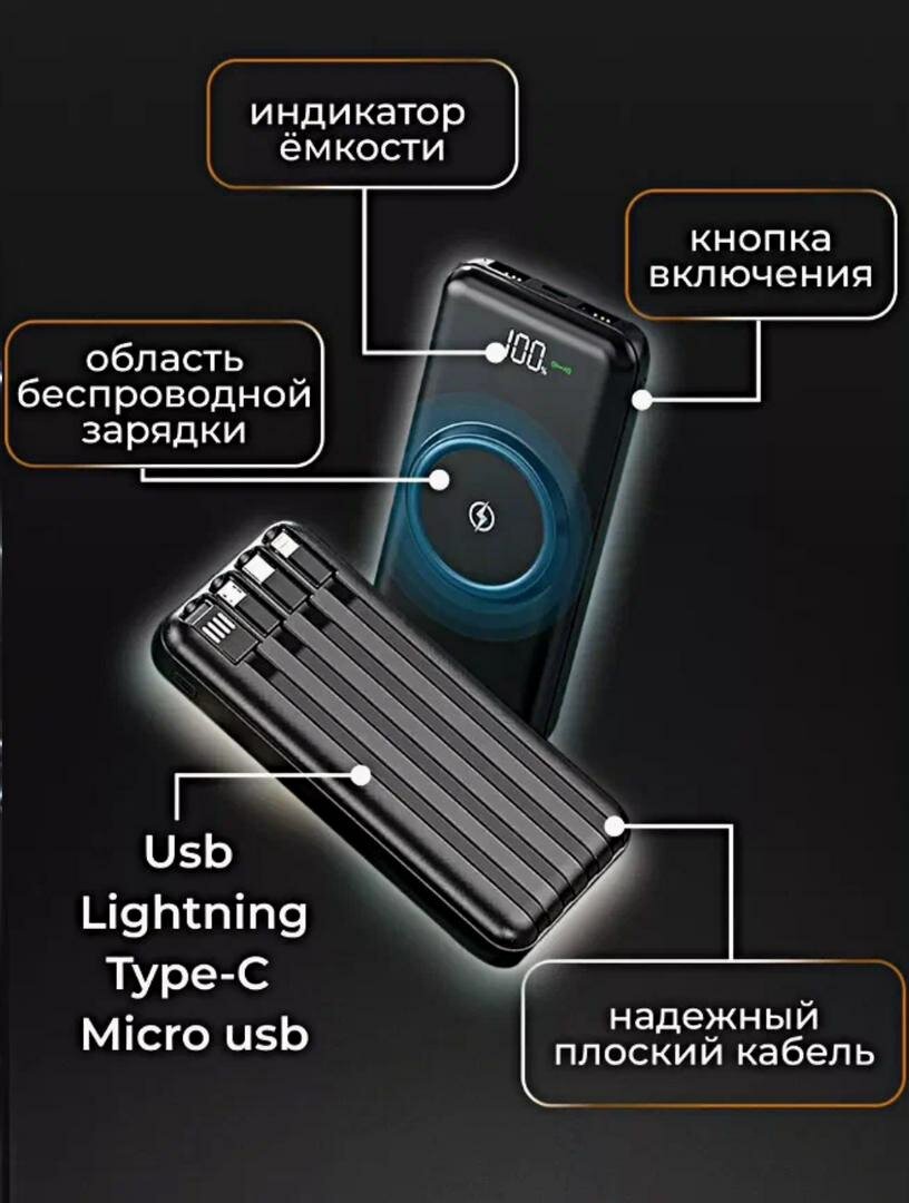 Внешний аккумулятор Power Bank 30000mAh с беспроводной зарядкой и встроенными кабелями черный — фото 1