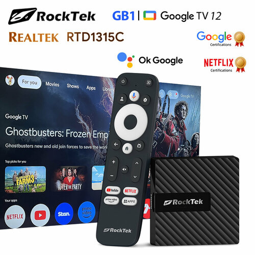 ТВ-приставка RockTek GB1 TV Dongle 2ГБ16ГБ Realtek1315C Google TV 12 Медиаплеер 6380₽