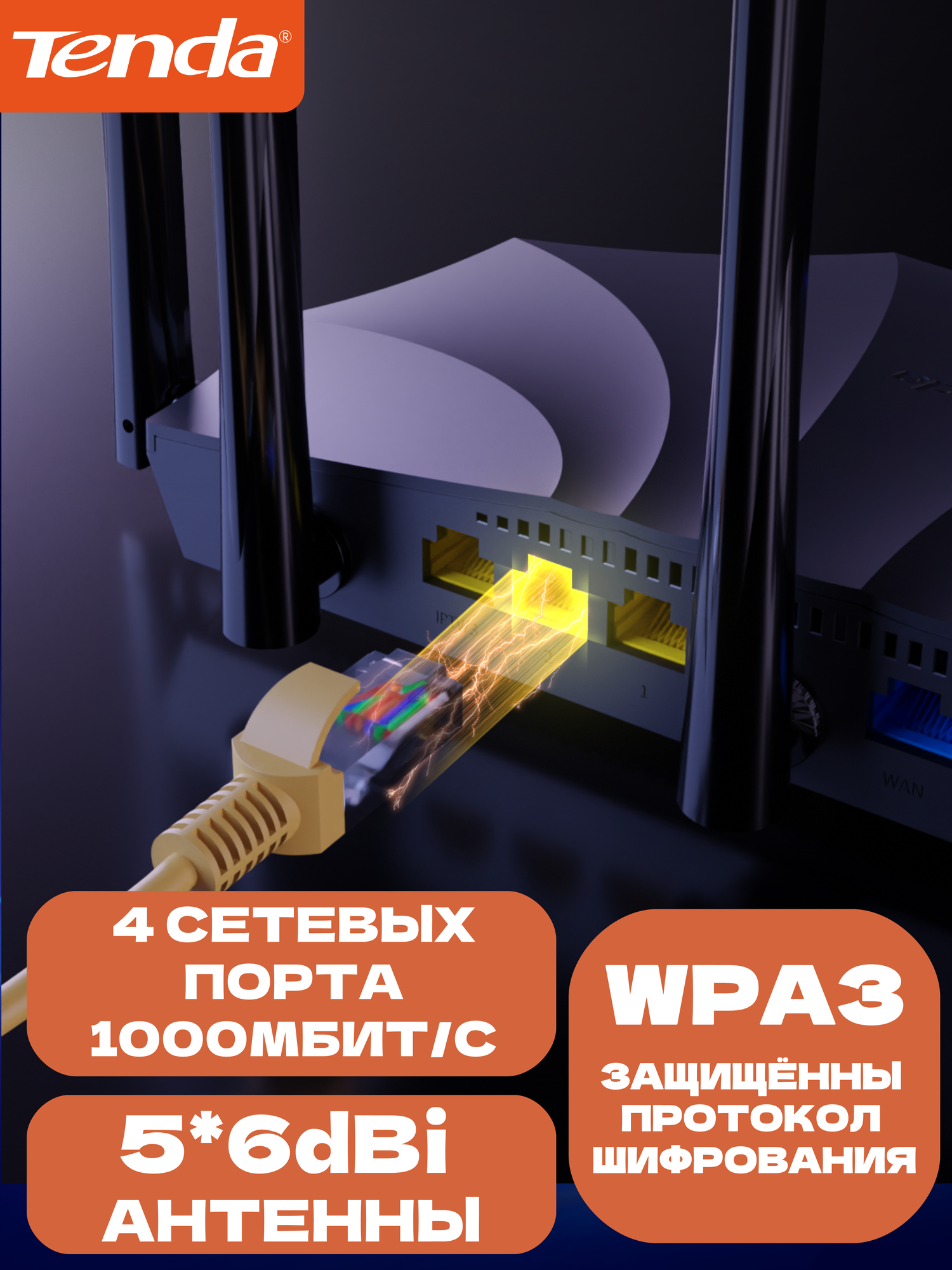 Tenda Wi-Fi 6 Роутер TX2 Pro, Гигабитный, AX1500, интернет до 1000 мбит/с, Wi-Fi+(Mesh Система),80MHz, двухдиапазонный — фото 1