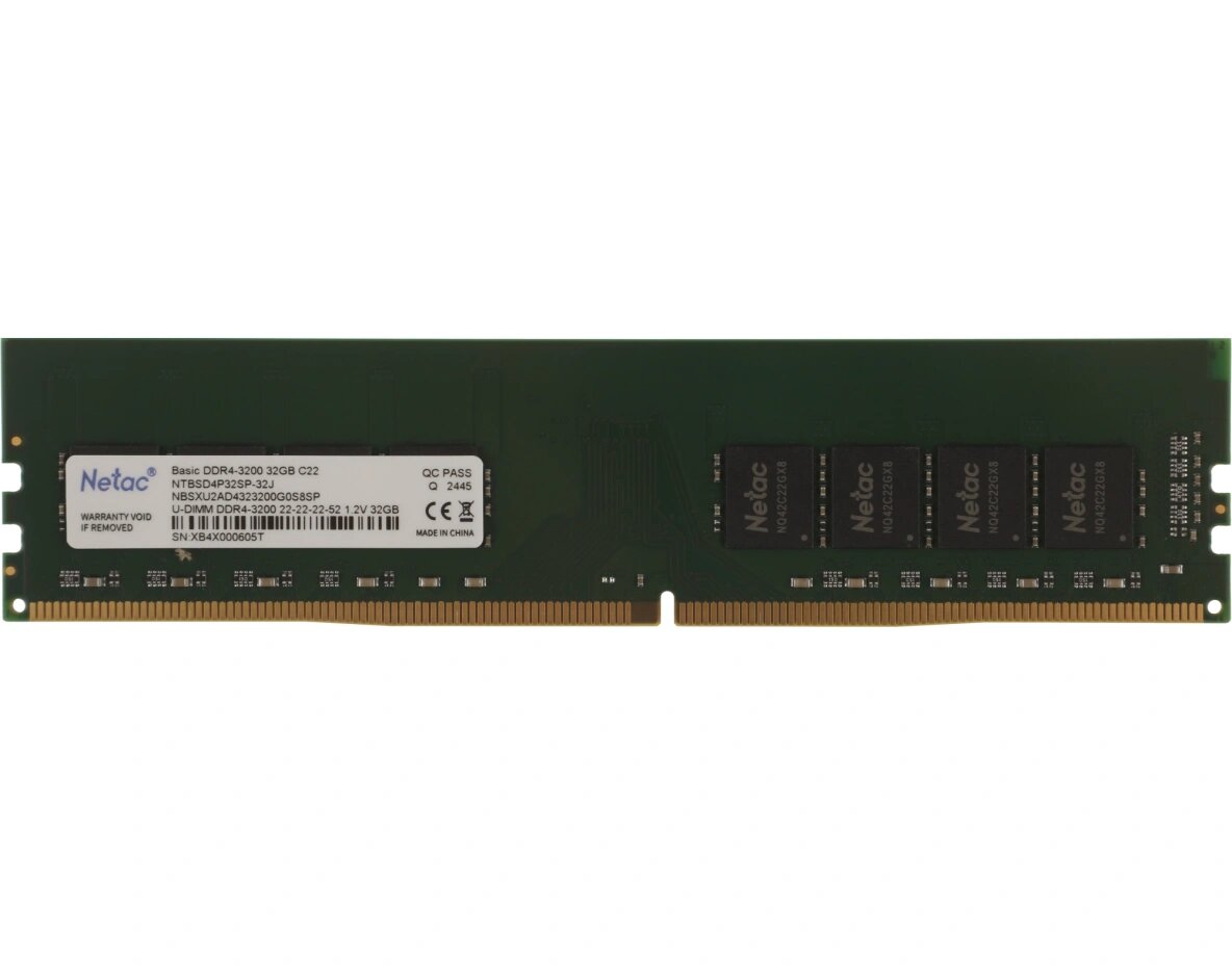 Оперативная память Netac Basic DDR4 - 32GB, 3200 МГц, DIMM, CL22, RTL (ntbsd4p32sp-32j)