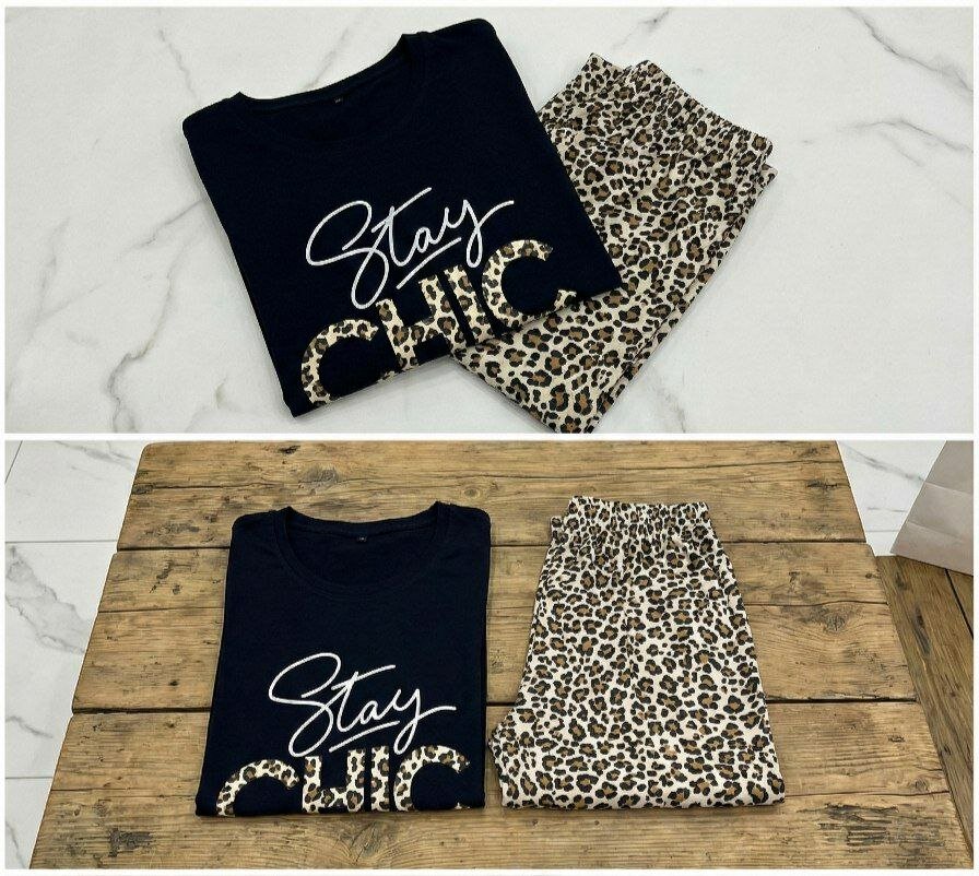 Пижама , размер 50, леопардовый, черный, Леопардовые брюки + футболка — фото 1