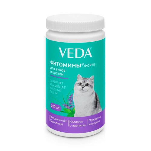 Витамины VEDA Фитомины форте для зубов и костей кошкам , 200 таб. витамины veda фитомины форте для кастрированных котов и стерилизованных кошек 200 таб