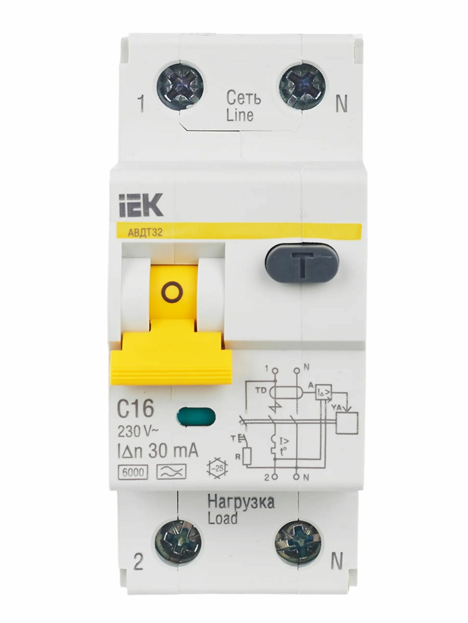 Автоматический выключатель дифф. тока 1-пол.+N 16А 30мА тип A 6кА хар-ка C серия АВДТ32 MAD22-5-016-C-30 IEK (ИЭК)