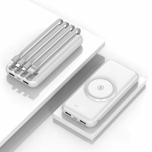 Внешний аккумулятор Wireless Fast Charging с 4 кабелями-iPhone, Type-C, Micro, USB для зарядки с цифровым дисплеем, белый