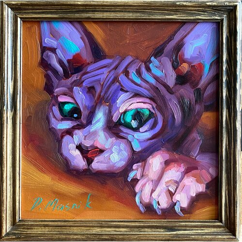 Сфинкс кот картина маслом в раме ручной работы 23х23 см кошка авторская масляная живопись с животными