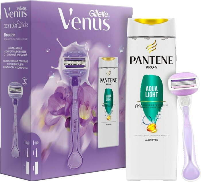 Подарочный набор Gillette Venus Comfortglide Breeze Бритва с 1 кассетой + Шампунь Pantene Aqua Light 250мл