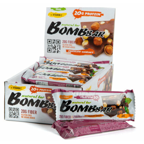 Bombbar, Протеиновый батончик 15шт х 60г (шоколад-фундук) bombbar протеиновый батончик 15шт х 60г шоколад фундук