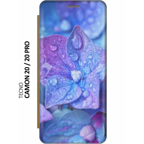 фото Чехол-книжка на tecno camon 20, 20 pro, техно камон 20, 20 про c принтом "голубой цветочек" золотистый slvgo