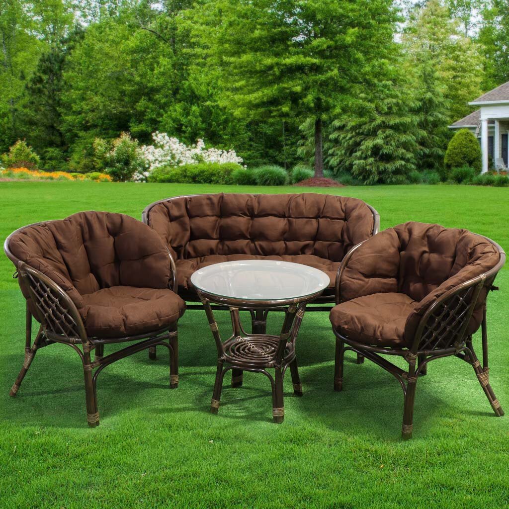 фото Мебель садовая Мальдивы, кофейная, стол, 55х55х56 см, 2 кресла, 1 диван, подушка коричневая