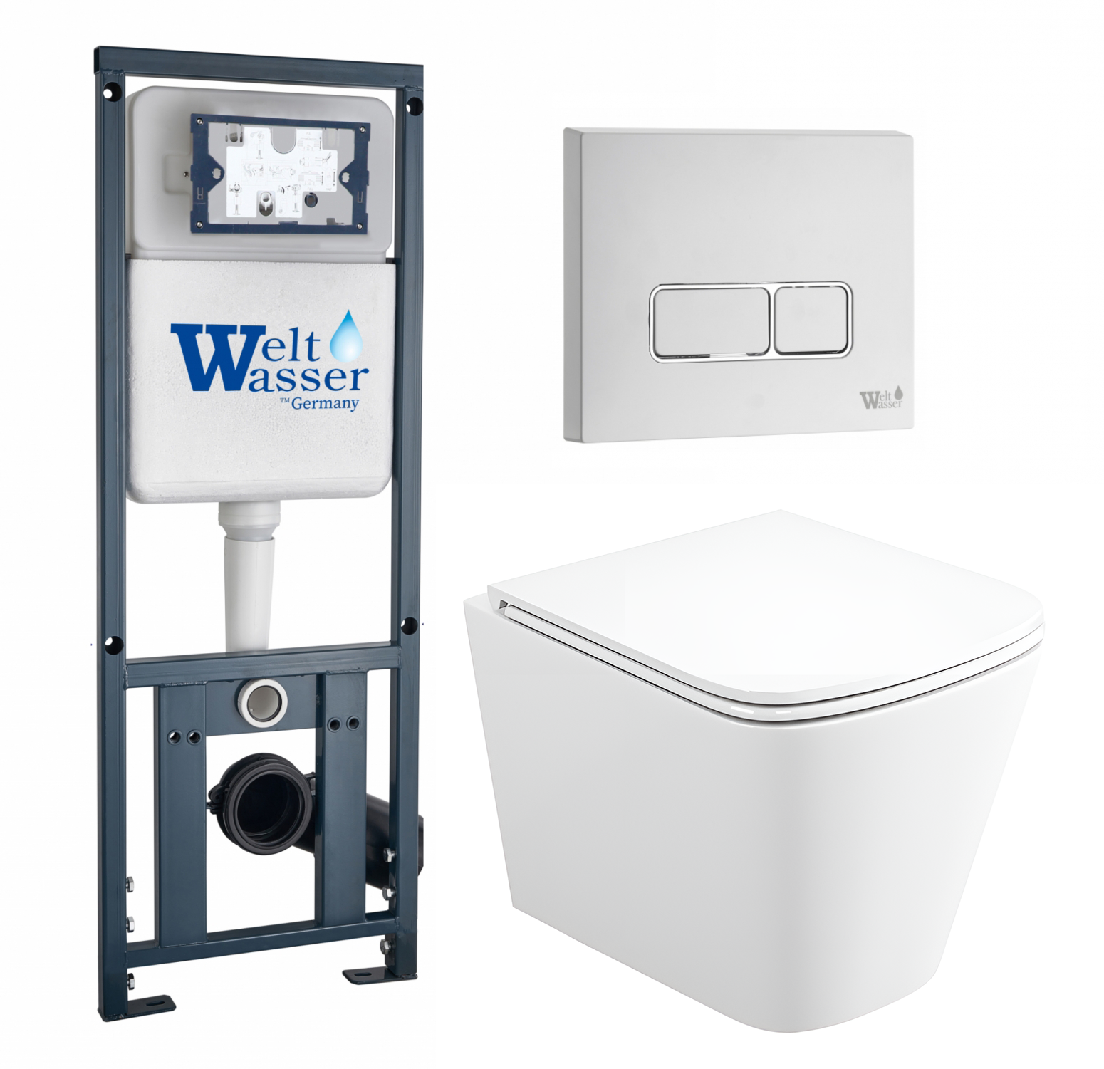 фото Комплект 3 в 1 инсталляция WeltWasser WW Marberg 410 10000005948 + Унитаз подвесной BelBagno Due BB3103CHR/SC + кнопка белая глянцевая SE