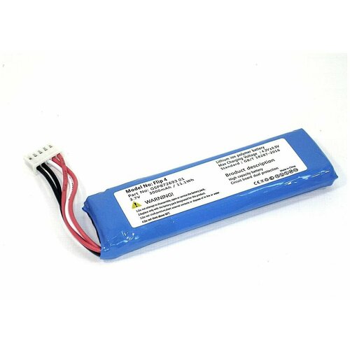 Аккумулятор для портативной акустики JBL Flip 4, GSP872693 01, 3.7V, 3000mAh, код 073616 аккумуляторная батарея cameronsino cs jmf310sl для jbl flip 4 3 7v 3000mah 11 10wh арт 075380