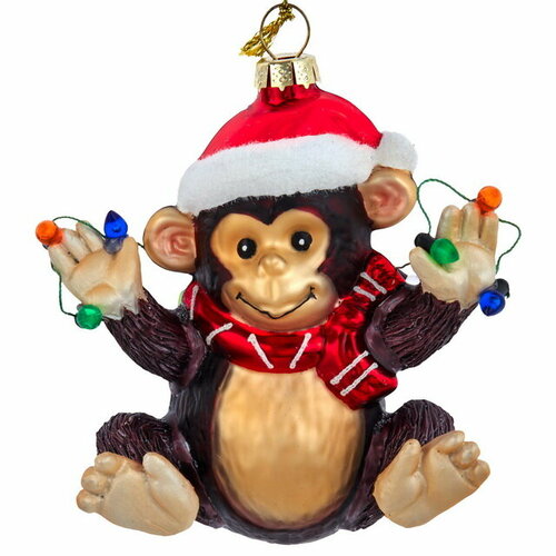 Kurts Adler Стеклянная елочная игрушка Обезьянка - Monkey Santa 10 см, подвеска J8829