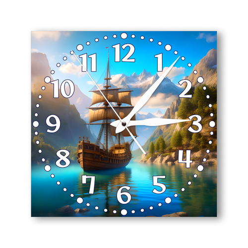 Деревянные настенные часы с УФ принтом 28см, бесшумные кварцевые интерьерные часы без стекла, открытые стрелки, корабль в лагуне